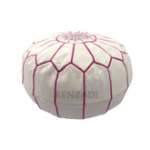 Moroccan leather pouf, round pouf, berber pouf, White with Pink embroidery by Kenzadi - Handmade by My Poufs